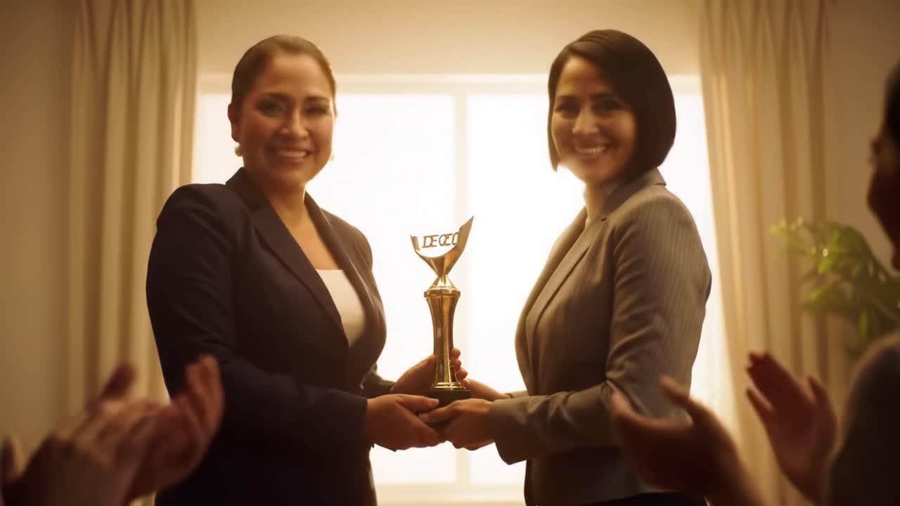 Celebrating Achievement: Two Professionals Sharing a Moment of Triumph as They Exchange a Prestigious Award in an Inspiring Ceremony Setting