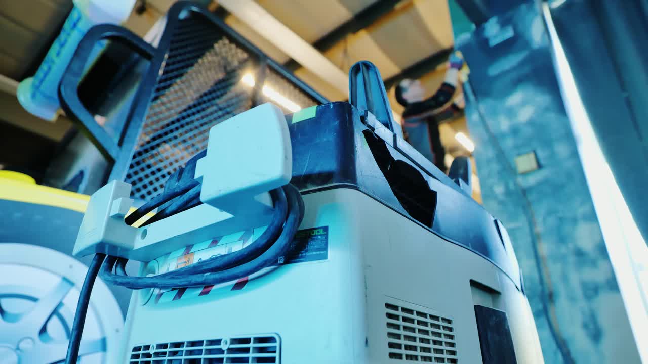 Construction vacuum collecting dust while worker smooths concrete wall surface