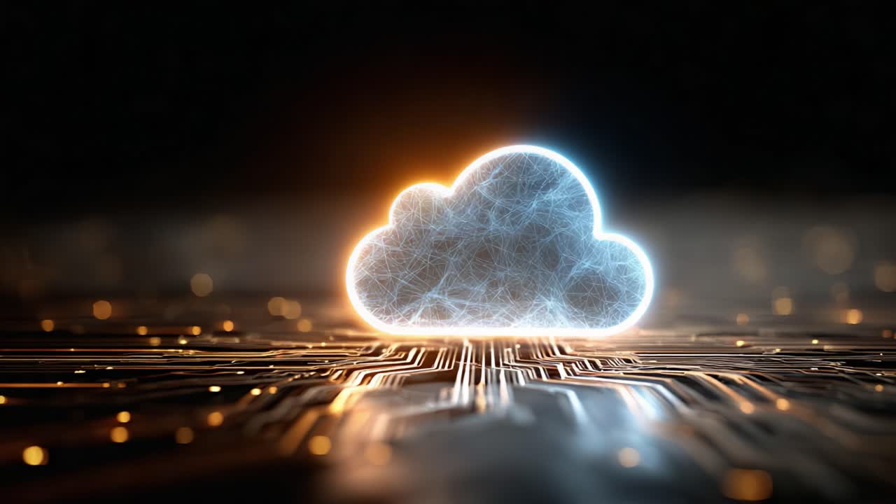 Una rappresentazione visiva del cloud computing, con un cloud luminoso su un circuito stampato, che simboleggia l'archiviazione e la connettività dei dati digitali