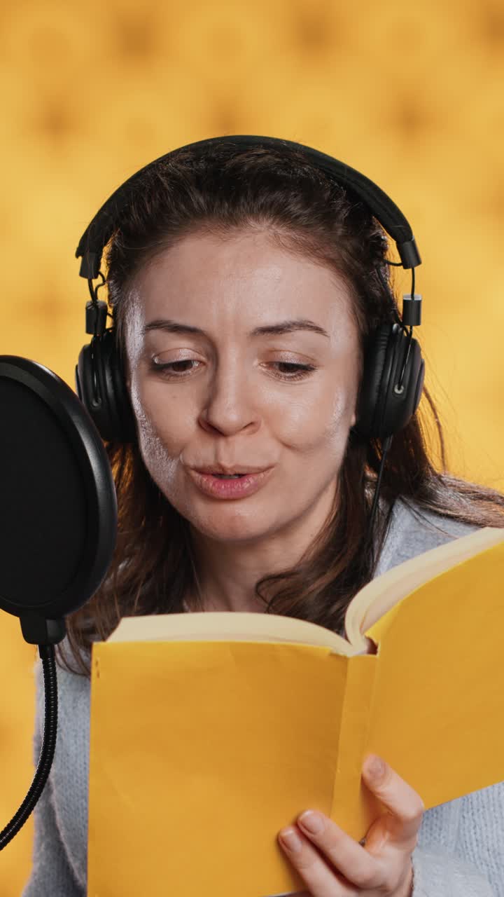 Donna con cuffie che legge un libro al microfono per la registrazione di un audiolibro