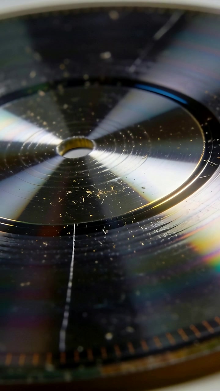 Vertical video: Shifting camera revealing scratched shiny disc on tabletop, showing scratch depth