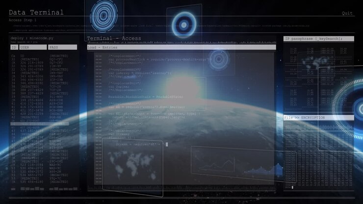 Animation of scopes scanning and data processing over digital screens and globe