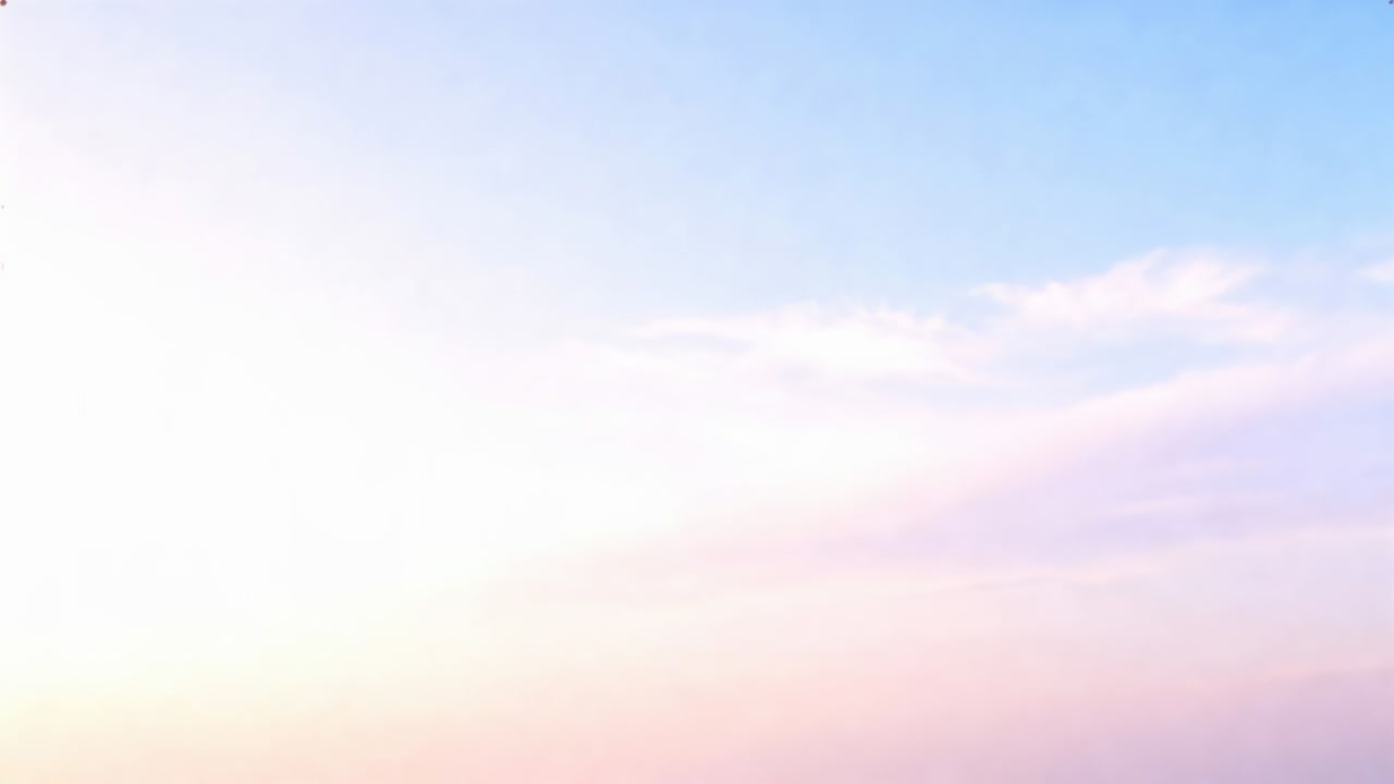 Drifting cloud bank reacting to sun glare softening moving right at coast horizon with pastel sky