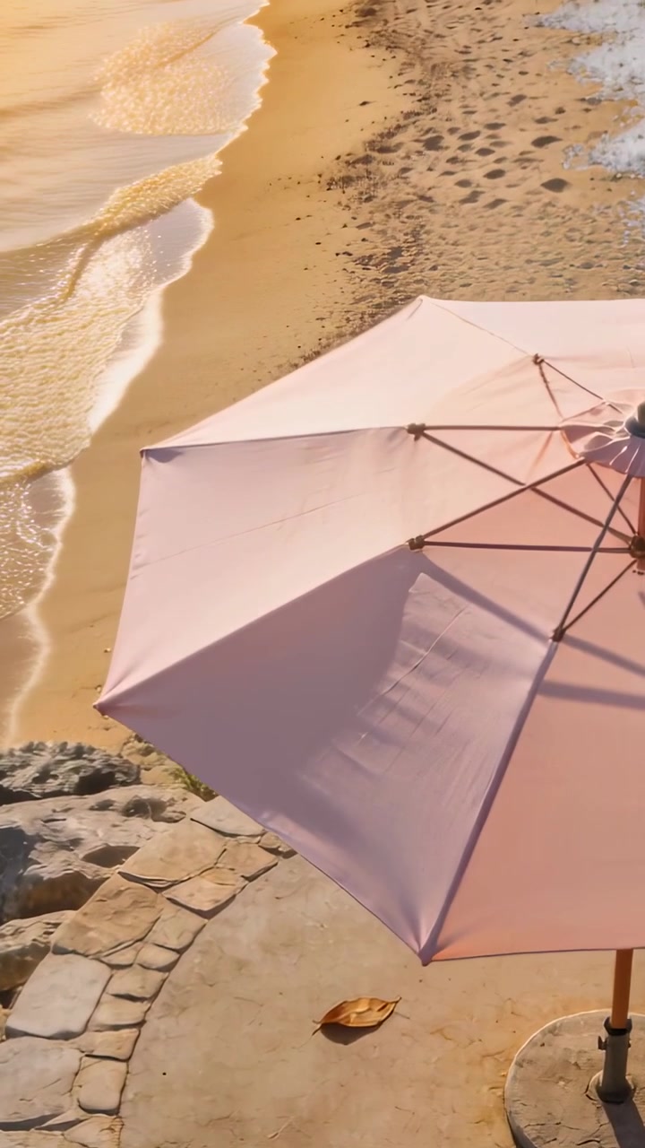 Video verticale: Onde basse che si infrangono sulla riva, ombrellone rosa pallido posizionato su un patio rotondo in pietra.