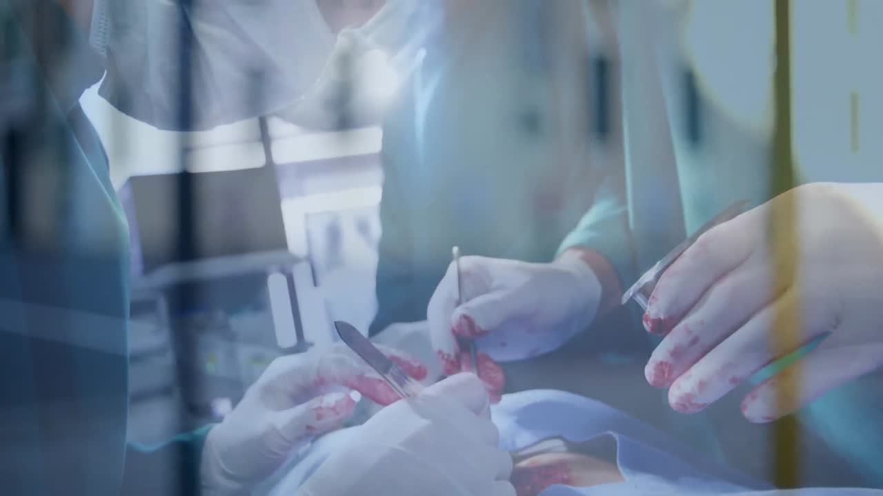 병원에서 얼굴 마스크를 착용한 외과 의사들에 대한 도로 교통의 애니메이션