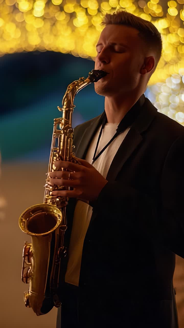 Un sassofonista appassionato avvolto in luci dorate esegue una melodia piena di sentimento, catturando l'essenza della musica e dell'emozione in una magica atmosfera notturna