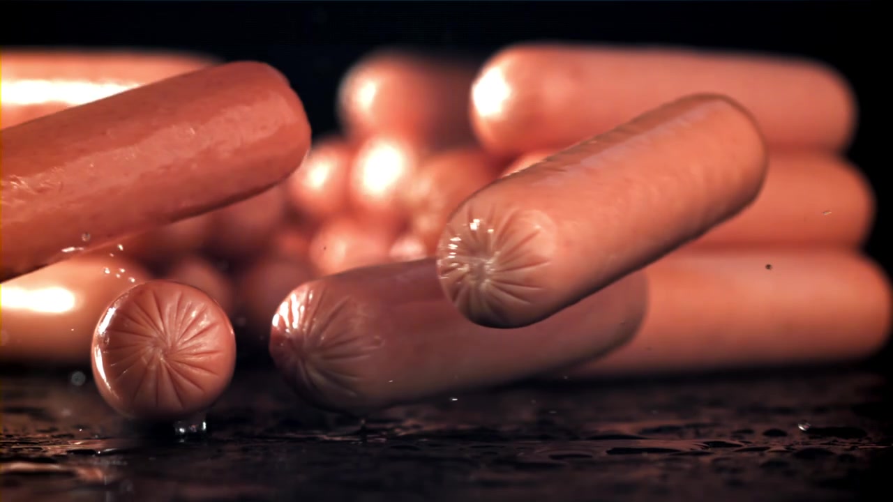 Ralenti de saucisses crues tombant et éclaboussant de l'eau