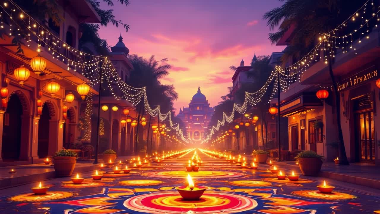 Il festival di Diwali illumina la strada con vivaci opere d'arte rangoli e lanterne appese, creando un'atmosfera magica al tramonto.