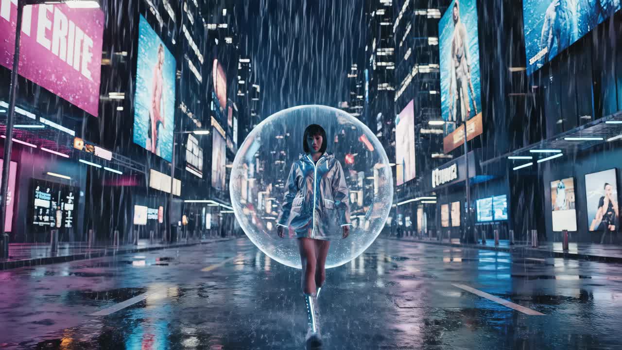 Futuristic Woman in Rainy City