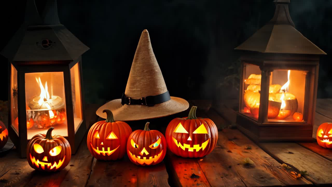 A group of pumpkins with a witch's hat on top of them. The pumpkins are lit up and arranged in a row