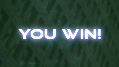 animation of you win text and cyber attack warning over modern building