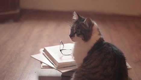 Intelligent-tabby-cat-looks-over-stack-of-books