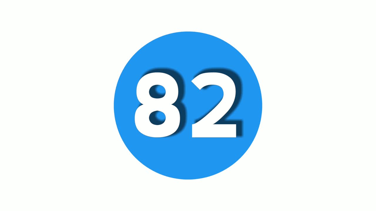 número 82 símbolo de señal animación icono de gráficos en movimiento en círculo azul fondo blanco, número de video de dibujos animados para elementos de video