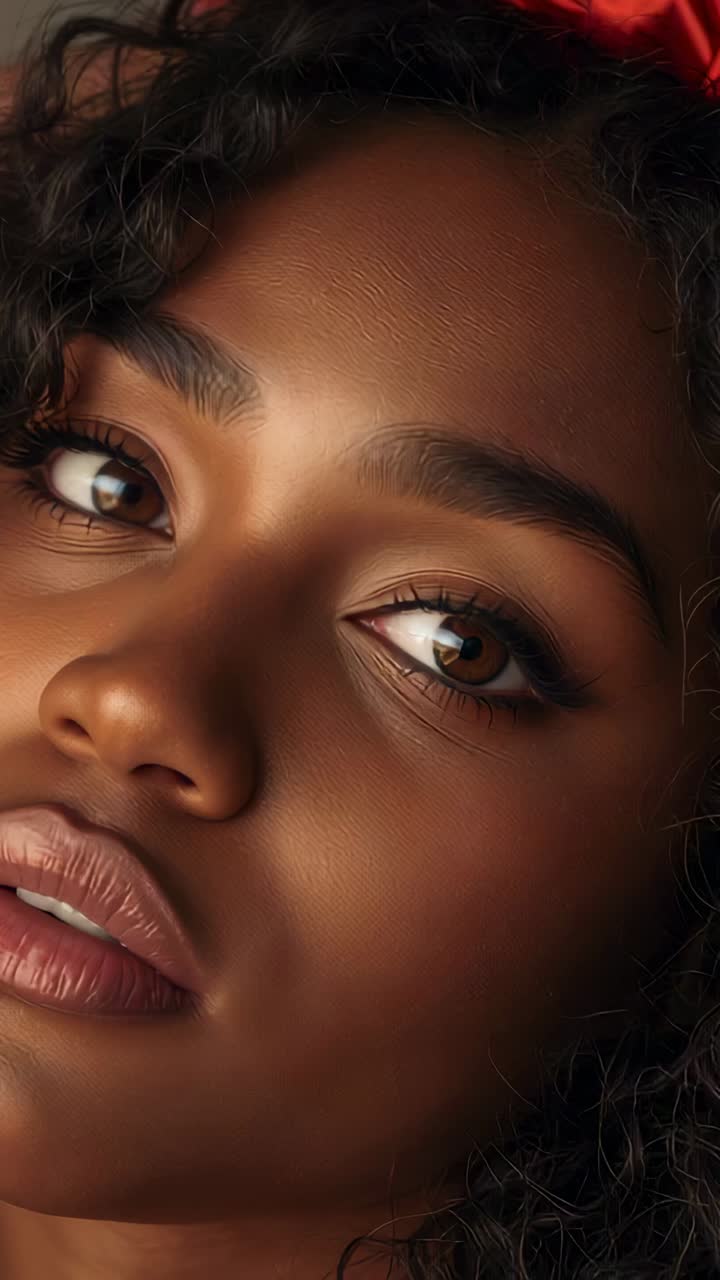 Vertical video: Moving hand, model turning in room to frame face showing red satin headband