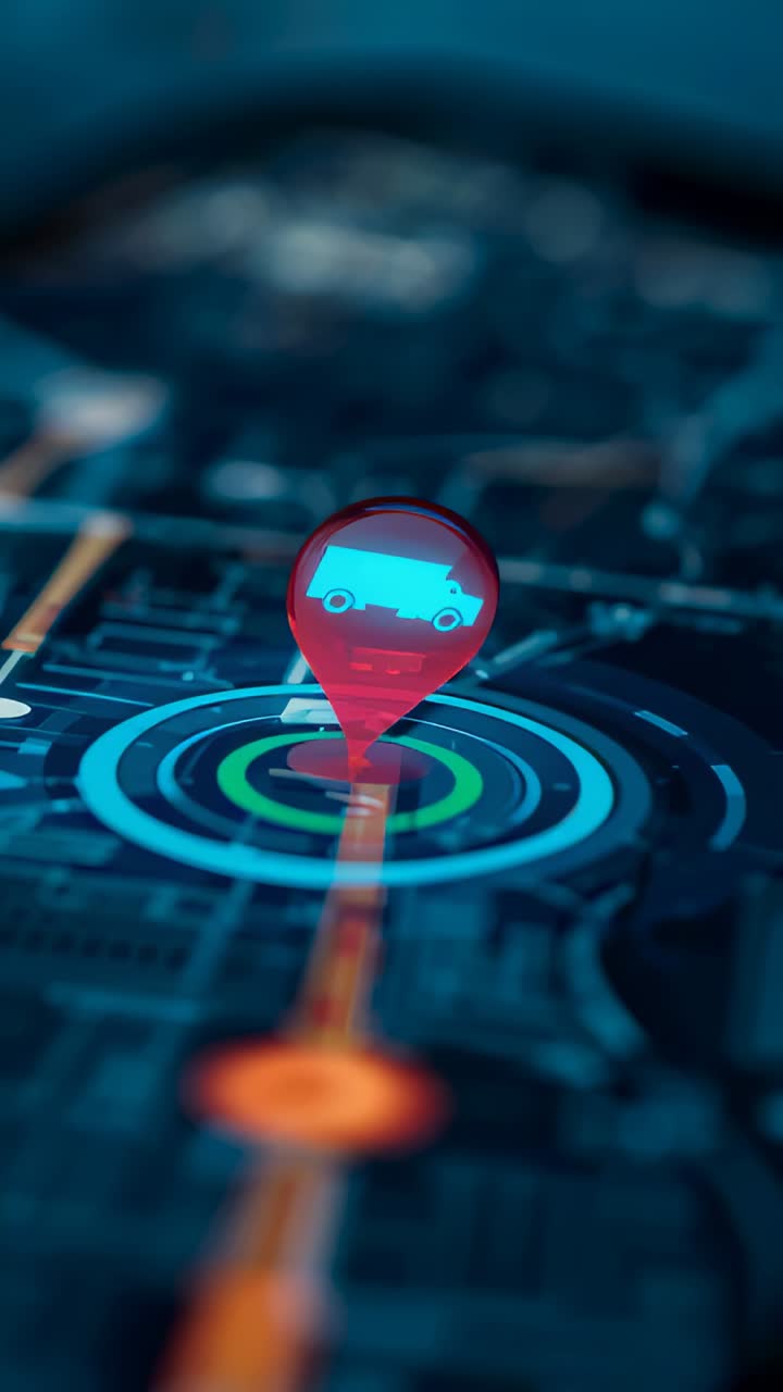 Vertical video: Centering red pin with truck icon pulsing green ring on map UI showing route