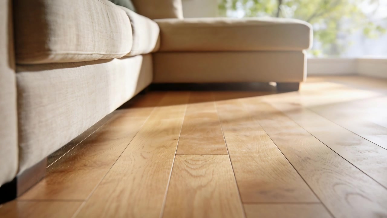 Eine tief geführte Kamera enthüllt ein beiges Sofa im Wohnzimmer, das einen Holzboden, ein grünes Kissen und Sonnenstrahlen zeigt.