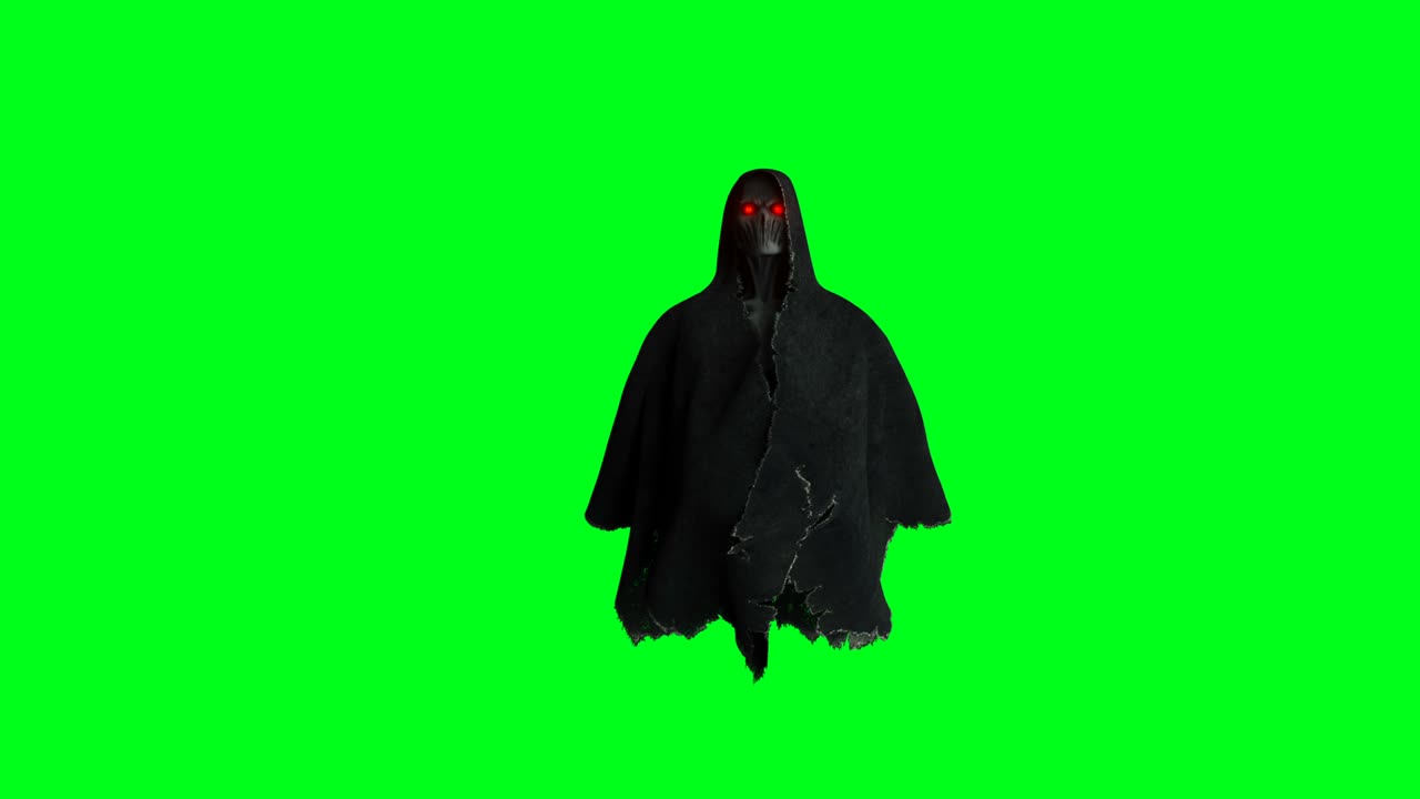 Animazione di un fantasma misterioso e spaventoso. Felpa con cappuccio dinamica. Isolato. Animazione realistica 4K su schermo verde