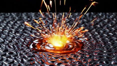 bright sparks igniting molten material on a dark textured surface