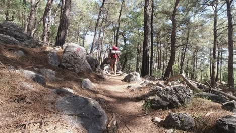 rear view of man with backpack hiking in middle of rocky mountainous forest in lycian way, turkey