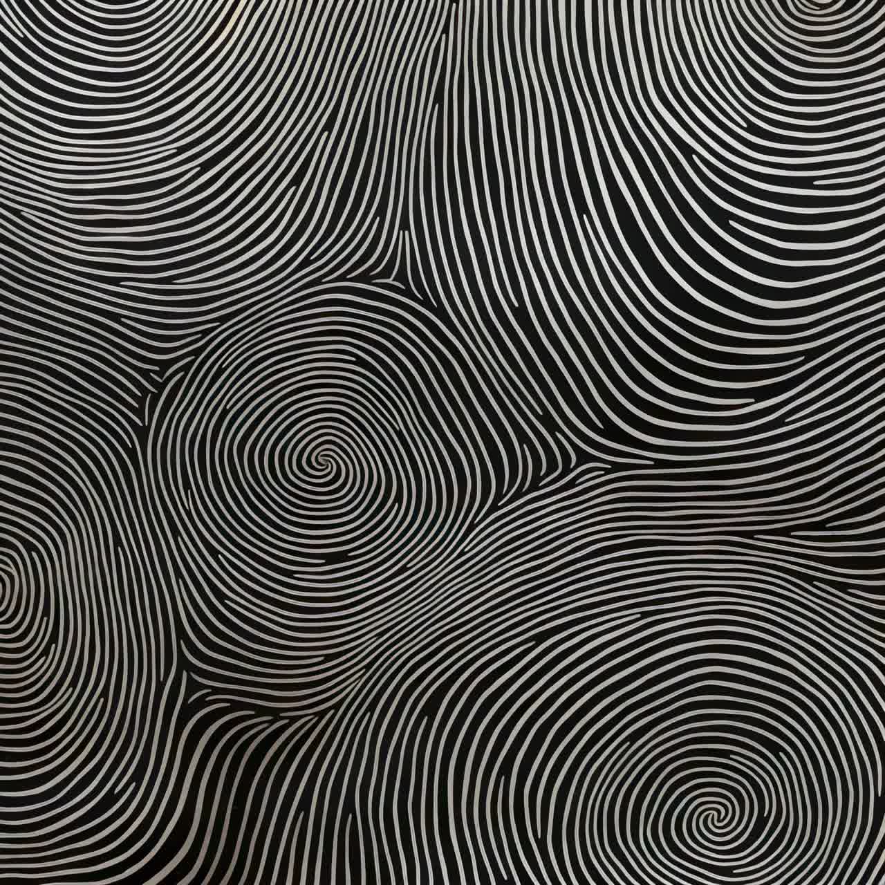 Abstract top-down video concept of swirling black and white fingerprint patterns