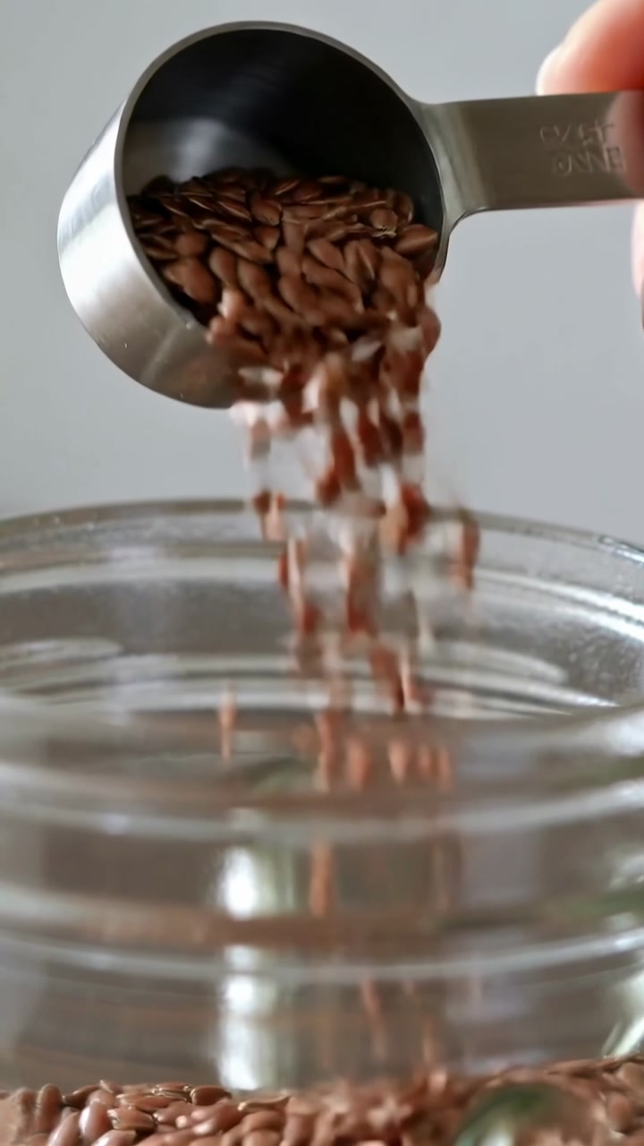 Vertical video: Right hand tilting steel cup over clear jar, pouring seeds for kitchen storage