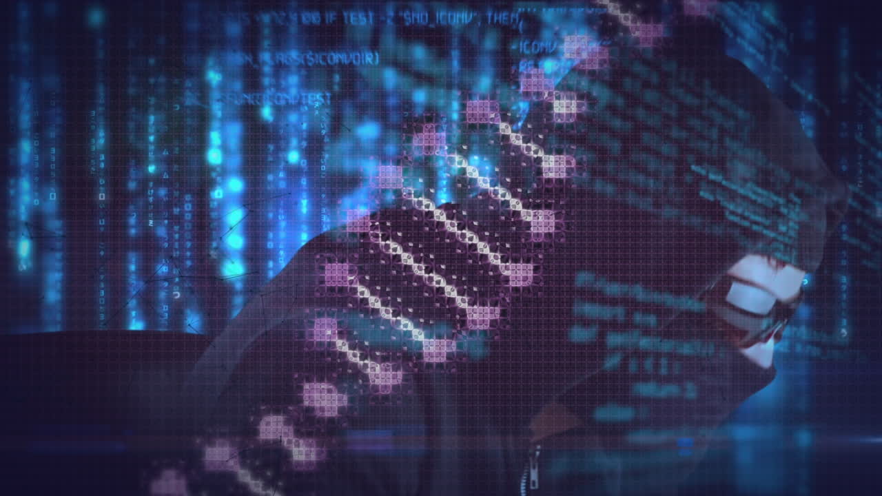 animación de procesamiento de datos, adn y conexiones a través de un hacker caucásico
