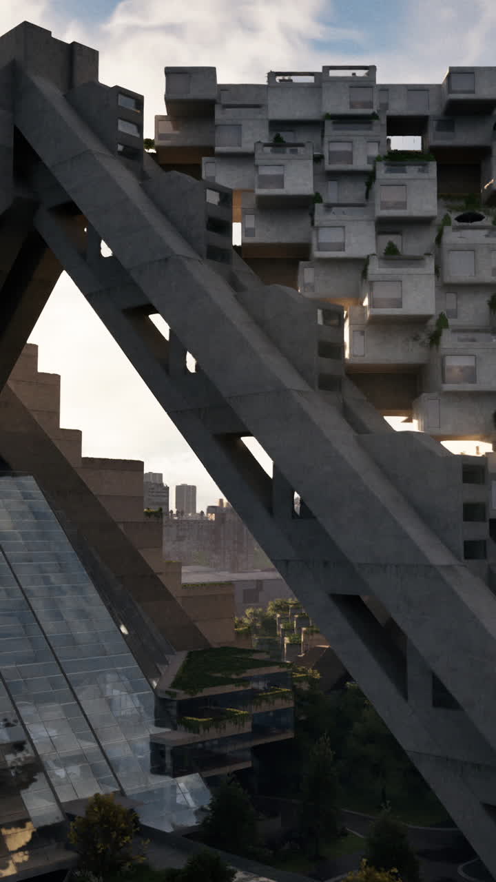 arquitectura brutalista futurista en un paisaje urbano