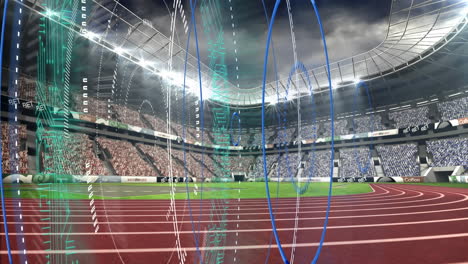 digital animation of multiple round scanners spinning against sports stadium in background