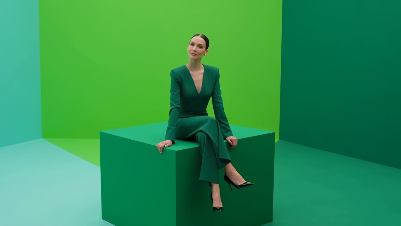 Caucasian Woman Model In Green Studio, Seated On Large Cube Wearing Tailored Emerald Suit And Black Heels,
