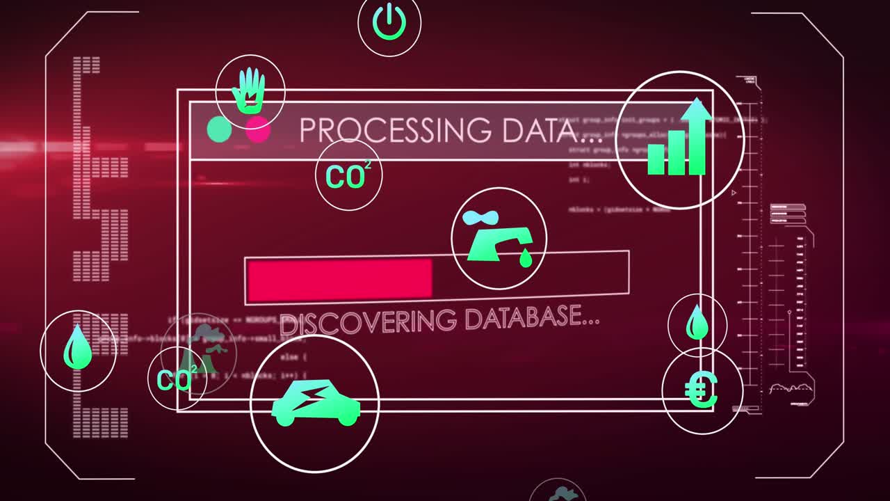 Animation of multiple digital icons over interface with data processing against red background