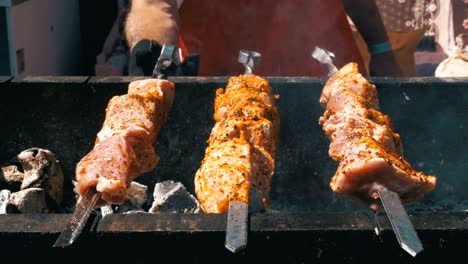 shish kebab cooked on the grill in nature. street food. meat grilled on skewers