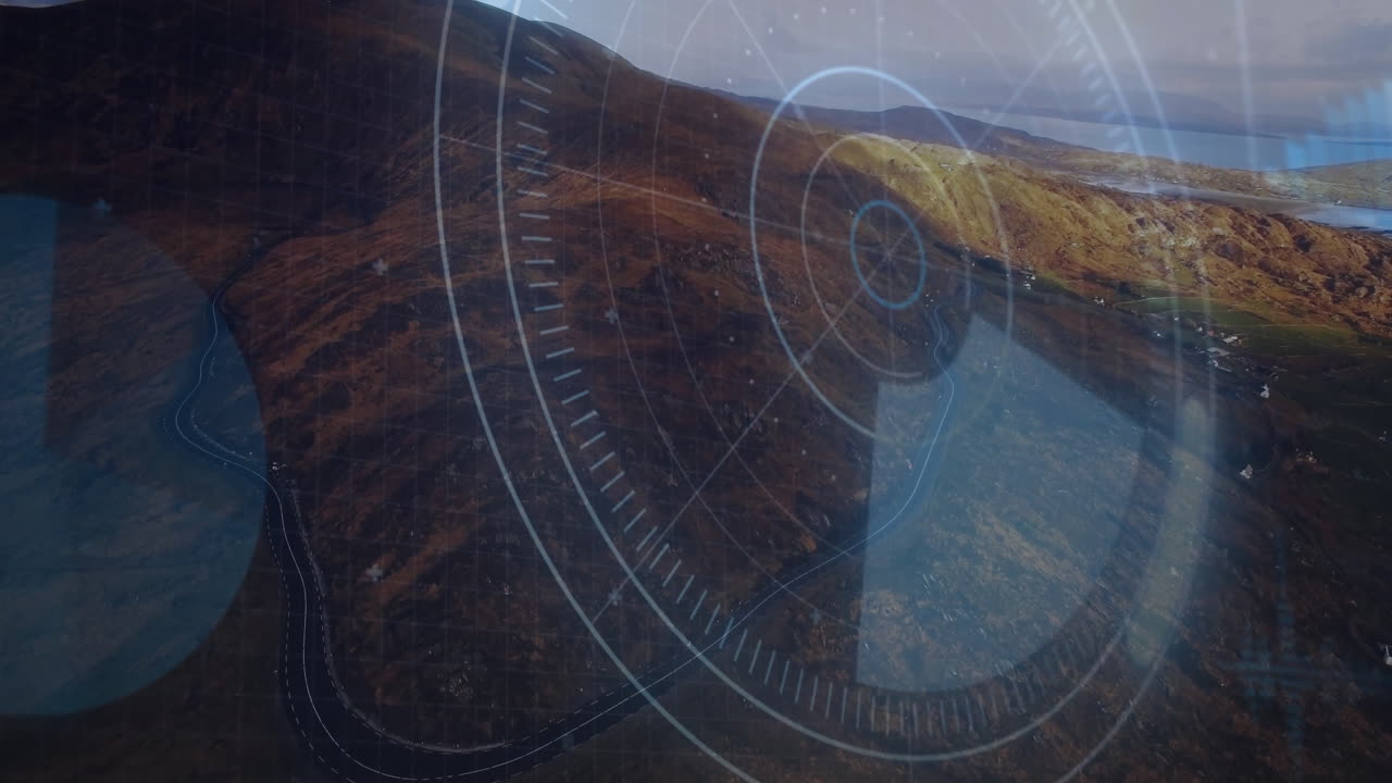 3D HUD overlay floating over mountain coast, displaying concentric circles grid lines compass ticks