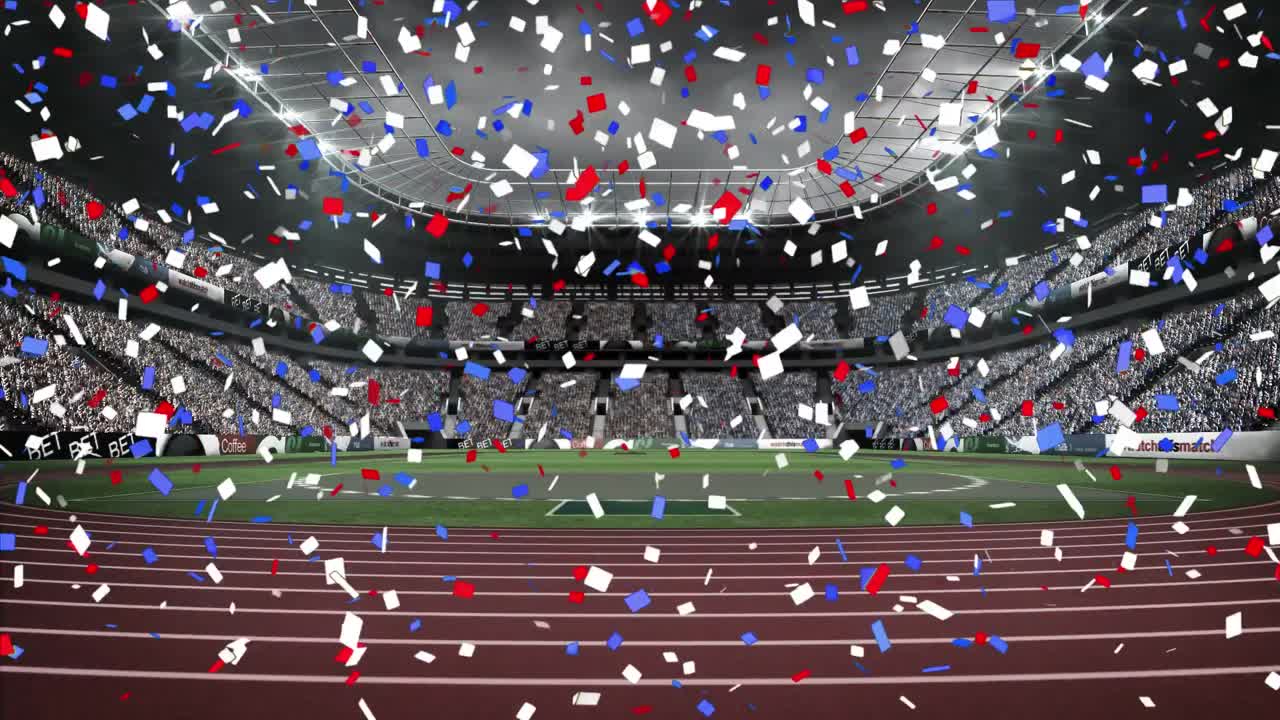 스포츠 경기장 위로 떨어지는 파란색과 빨간색 콘페티의 애니메이션