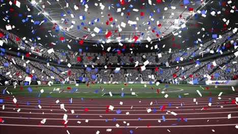 Animation-of-blue-and-red-confetti-falling-over-sports-stadium