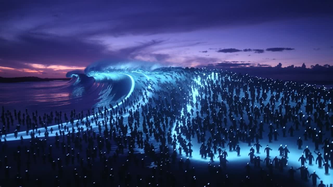 Surging luminous wave urging silhouetted crowd making light paths on wet sand moving toward wave