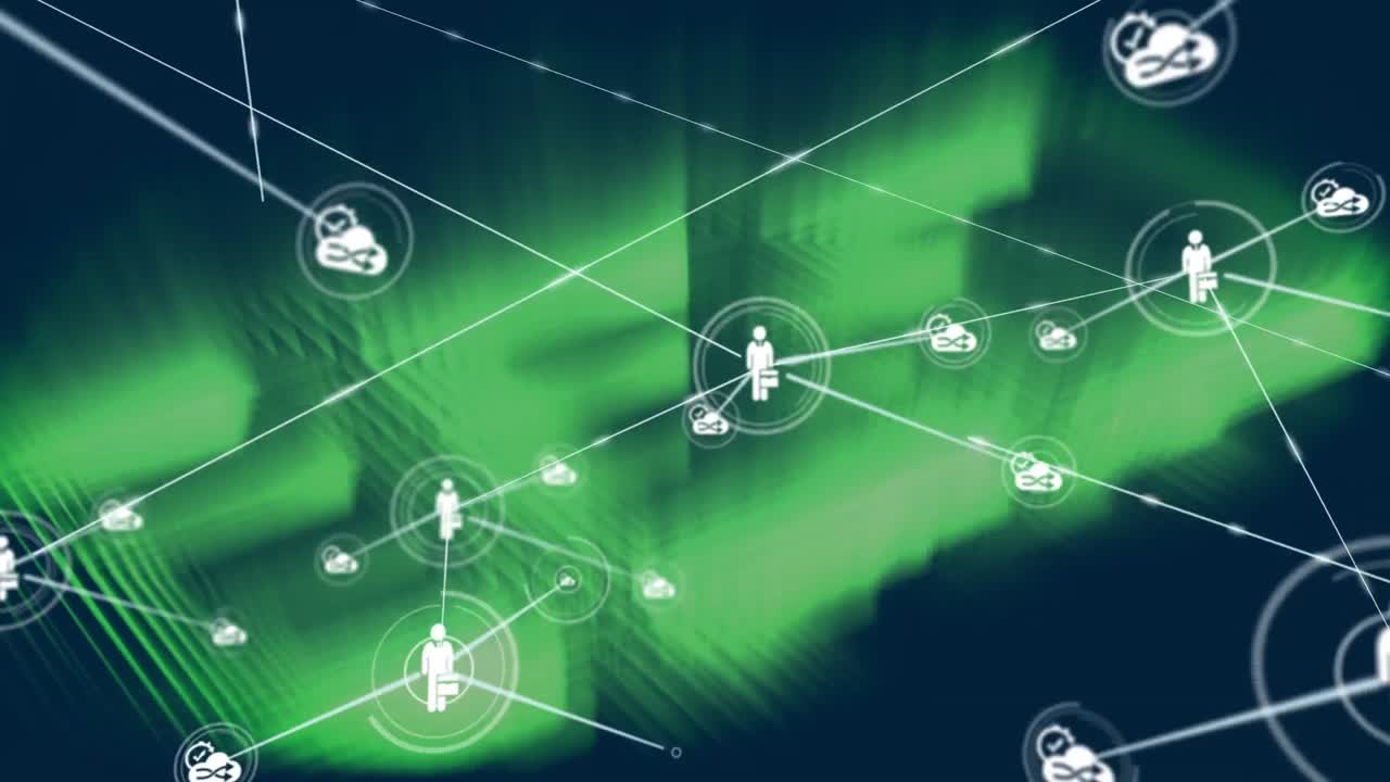 Animazione di rete di icone digitali su scie di luce verdi, su sfondo blu.
