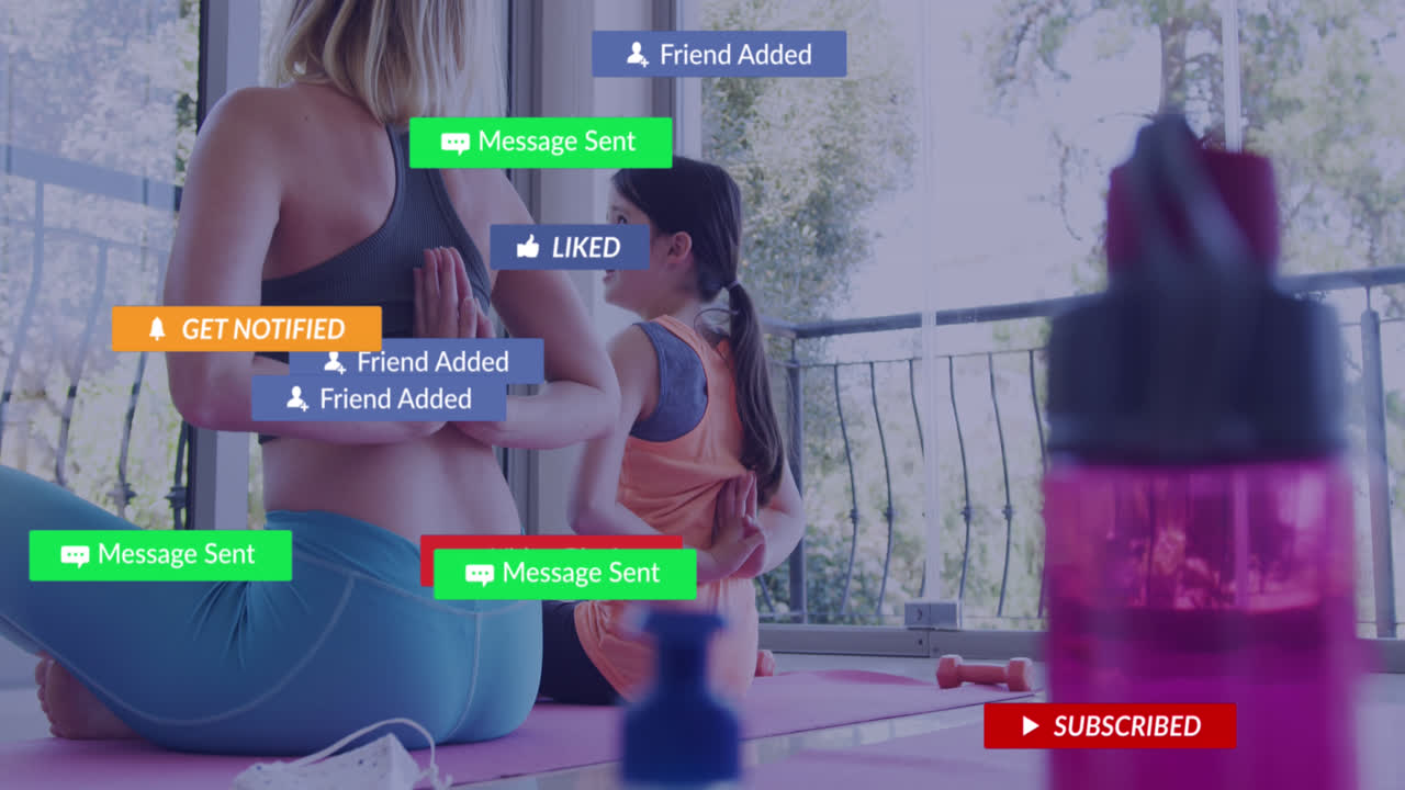 요가를 하는 백인 어머니와 딸에 대한 알림 바에 있는 텍스트와 아이콘의 애니메이션