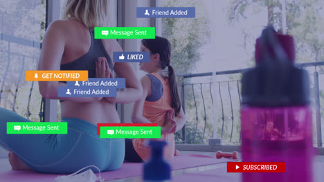 Animación-De-Texto-E-íconos-En-Barras-De-Notificación-Sobre-Madre-E-Hija-Caucásicas-Realizando-Yoga