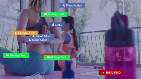 animación de texto e iconos en barras de notificación sobre madre y hija caucásicas realizando yoga