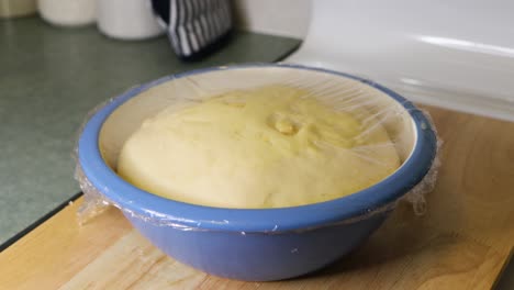 cuenco de masa que se eleva en el lapso de tiempo en la cocina