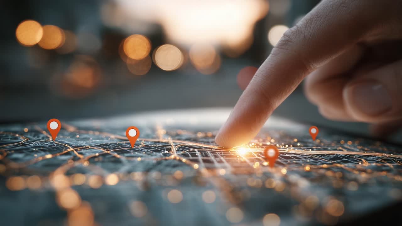 Exploring Locations: A Close-Up of a Finger Interacting with an Interactive City Map Highlighted by Bright Markers and Soft Glowing Lights in the Scene