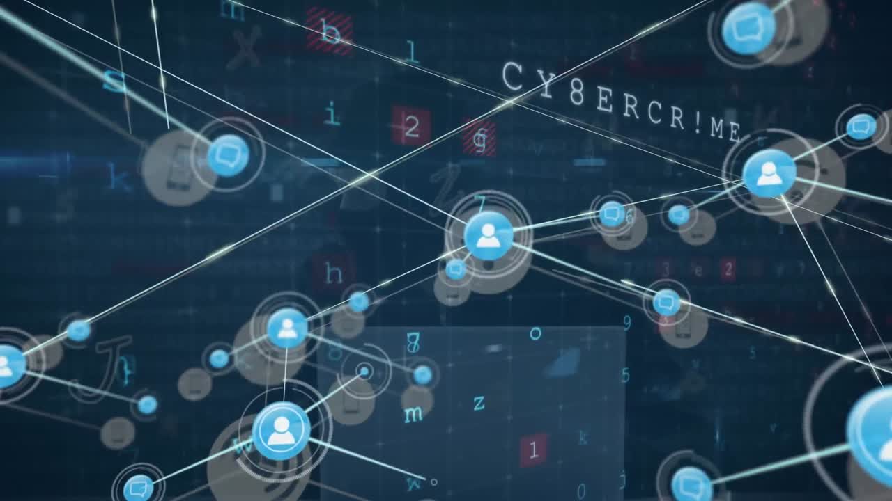 Animation of network of digital icons, cyber security data processing over male hacker using laptop