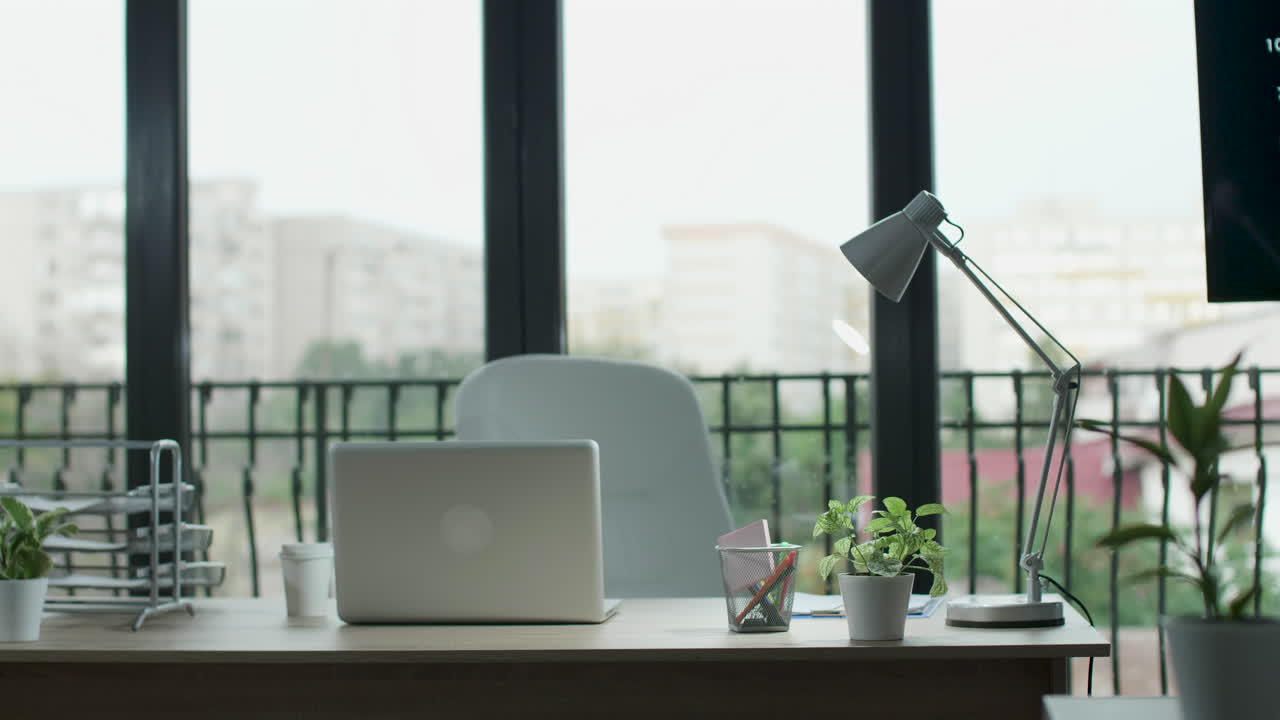 Modern office workspace with laptop, plant, and lamp