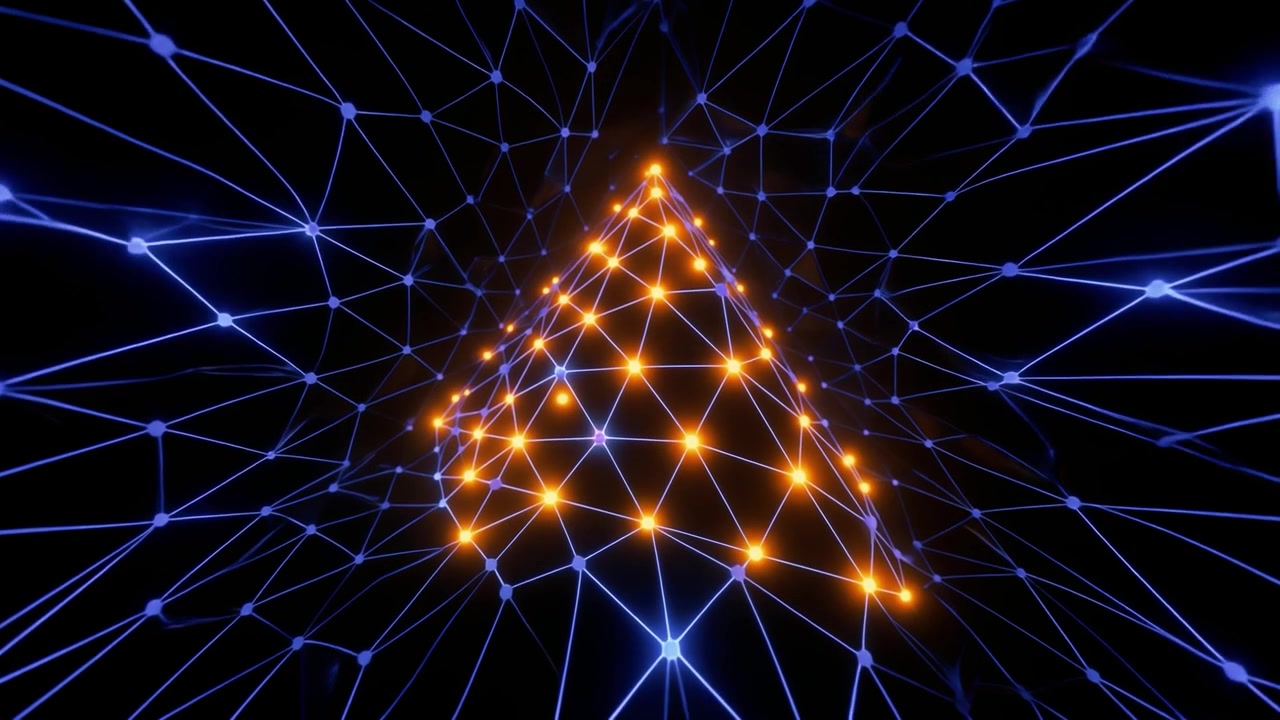 Glowing Orange Pyramid Inside a Blue Digital Network Grid