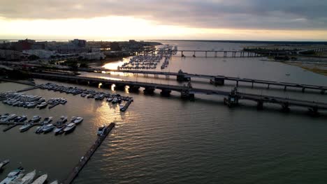 sunrise-aerial-pan-of-the-ashley-river-bridges-in-charleston-sc,-south-carolina