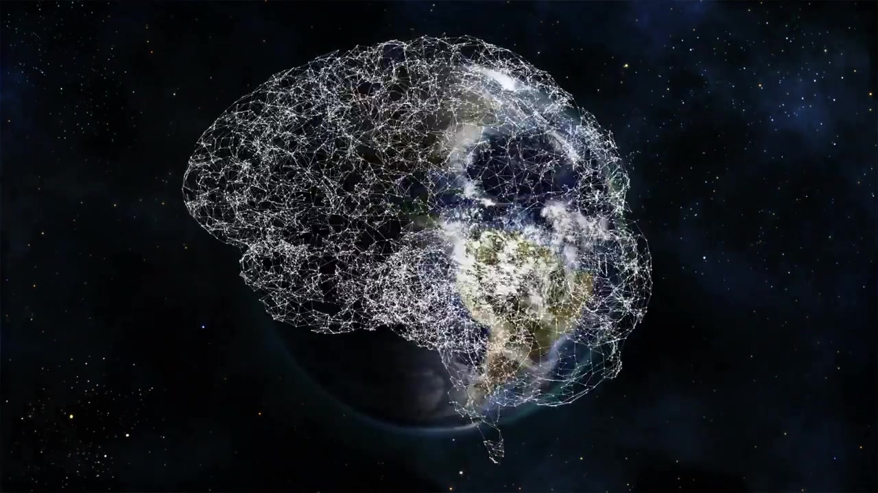 In riproduzione, una Terra composita con una rete cerebrale che ruota lentamente, i nodi pulsano per mostrare la connettività globale.
