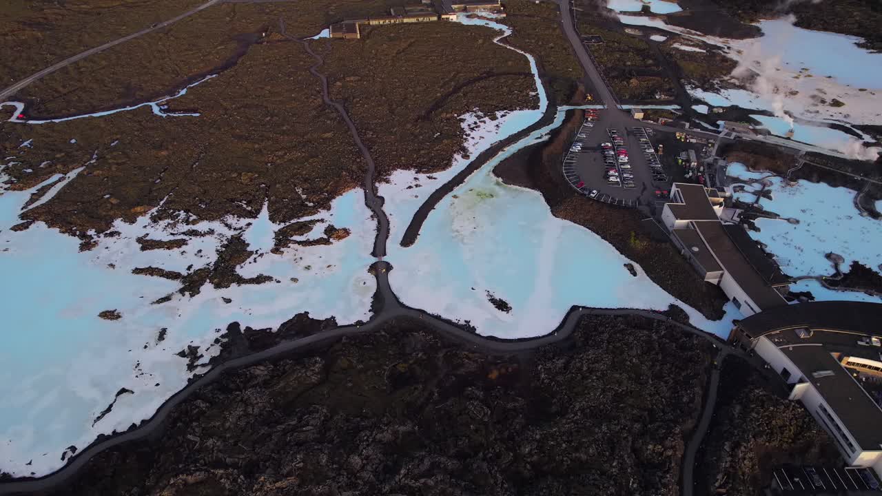 Full aerial 4K view of Blue Lagoon spectacular geothermal spa complex