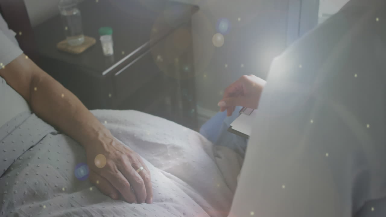 다양한 의사와 환자가 손을 잡고 있는 빛의 점들의 애니메이션