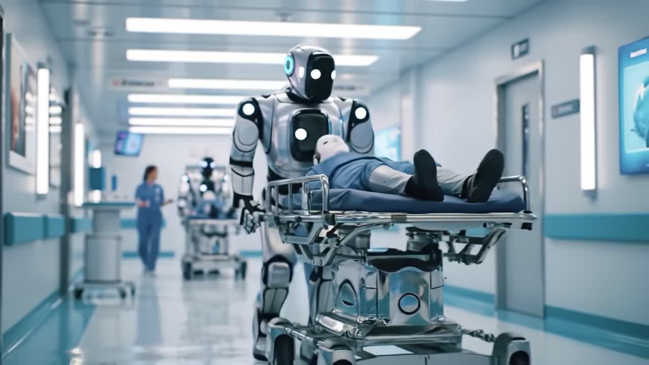 A robot on a stretcher is wheeled through a modern hospital corridor. Healthcare professionals in scrubs attend to patients while maintaining a fast-paced environment.