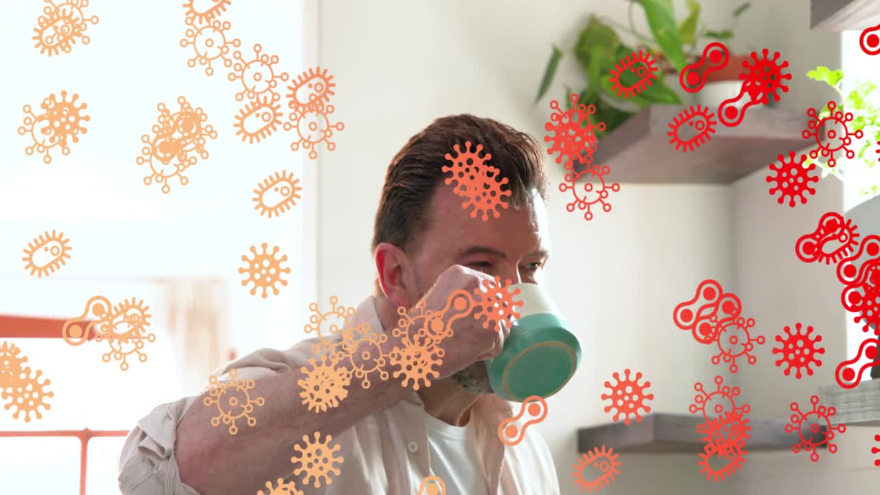 Man pouring French-press coffee, causing animated health germ icons overlaying man, then drinking